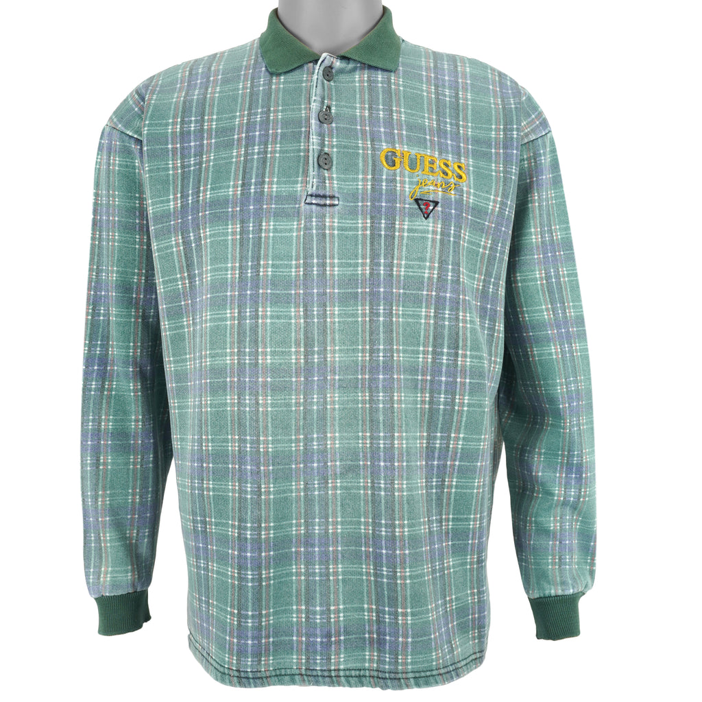 Guess - Green Plaid 1/4 Button Sweatshirt 1990s Large Vintage Retro