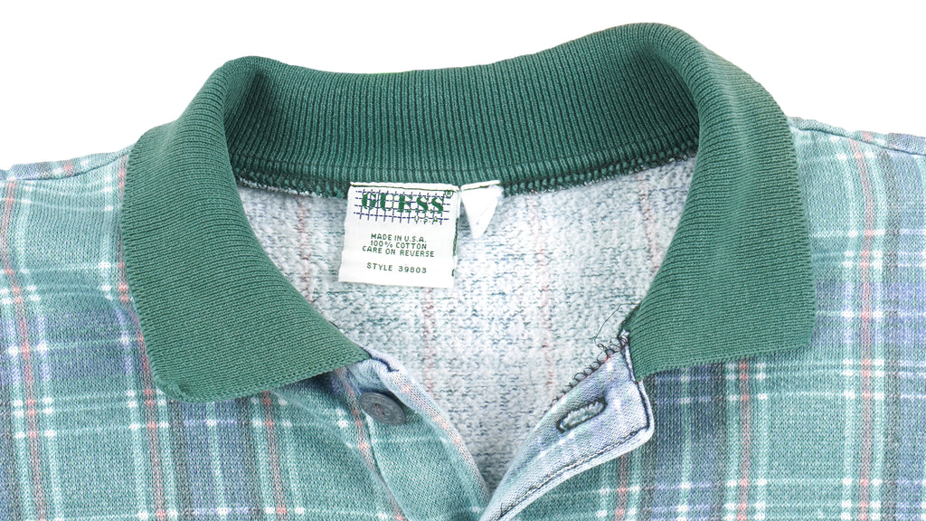 Guess - Green Plaid 1/4 Button Sweatshirt 1990s Large Vintage Retro