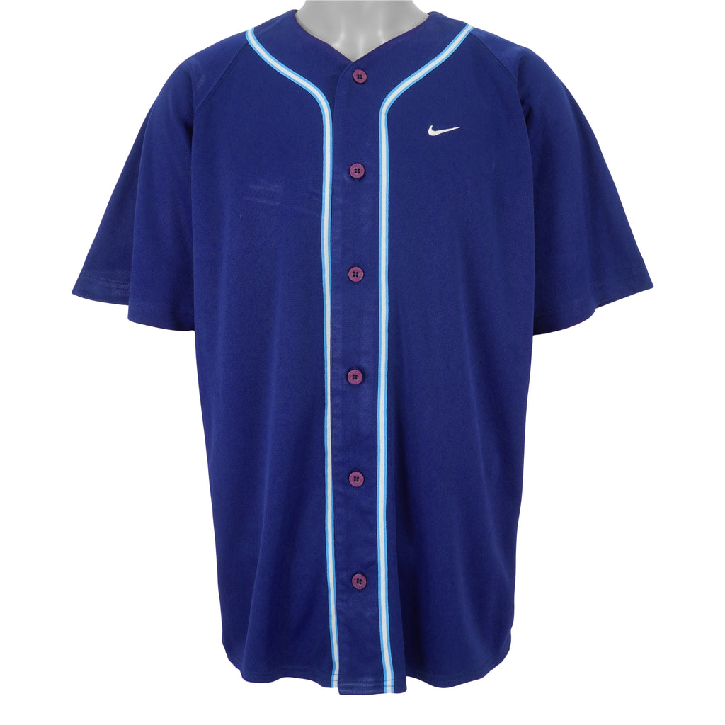 Nike - Blue Spell-Out Button-Up Jersey 1990s Medium Vintage Retro