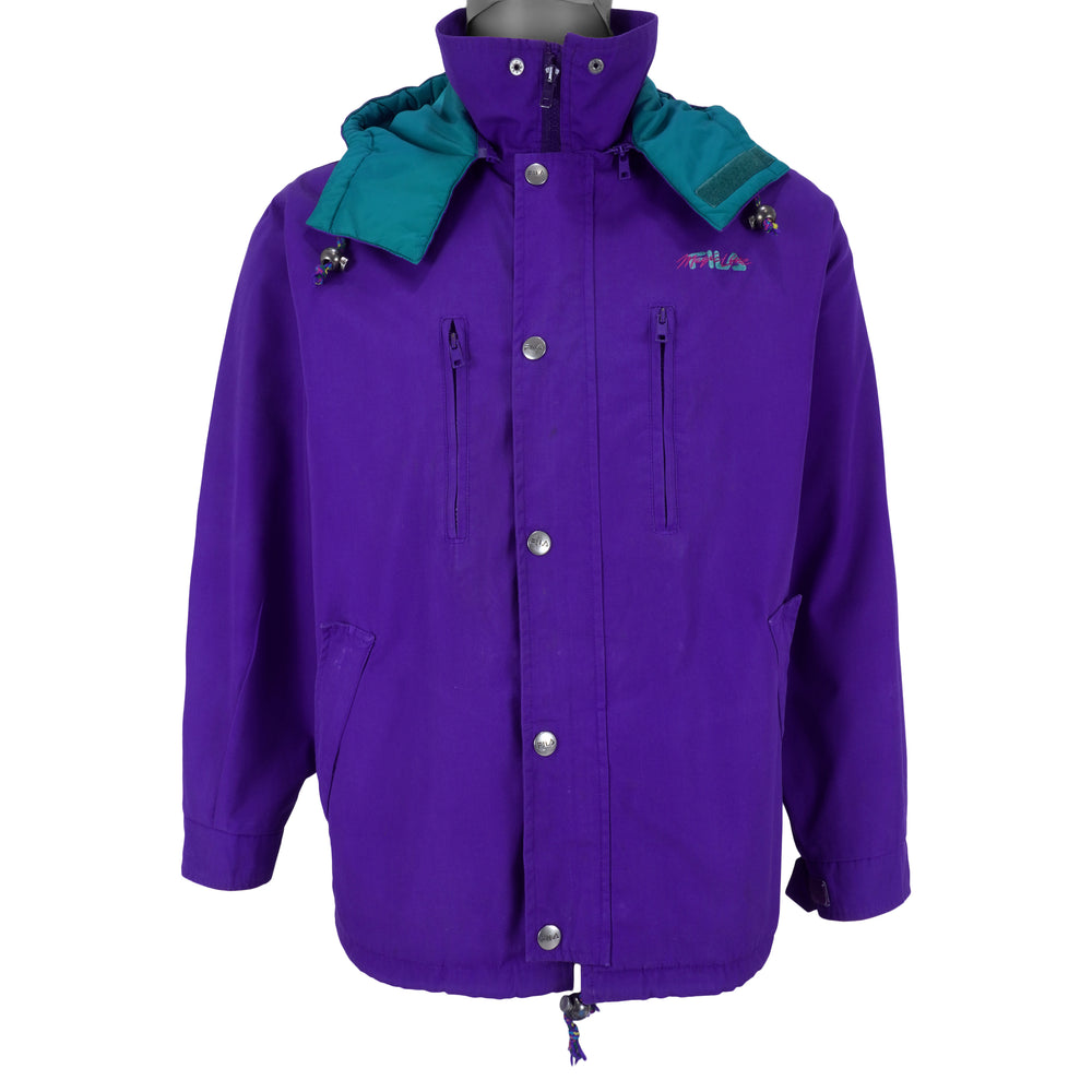 FILA - Purple Button-Up Hooded Jacket 1990s Large Vintage Retro