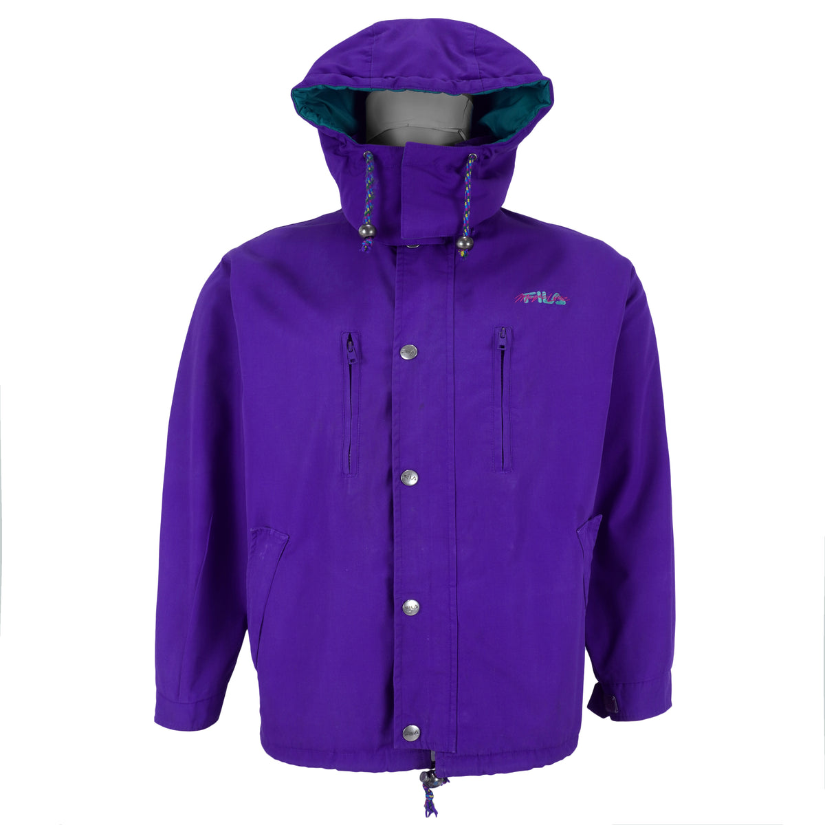 FILA - Purple Button-Up Hooded Jacket 1990s Large Vintage Retro