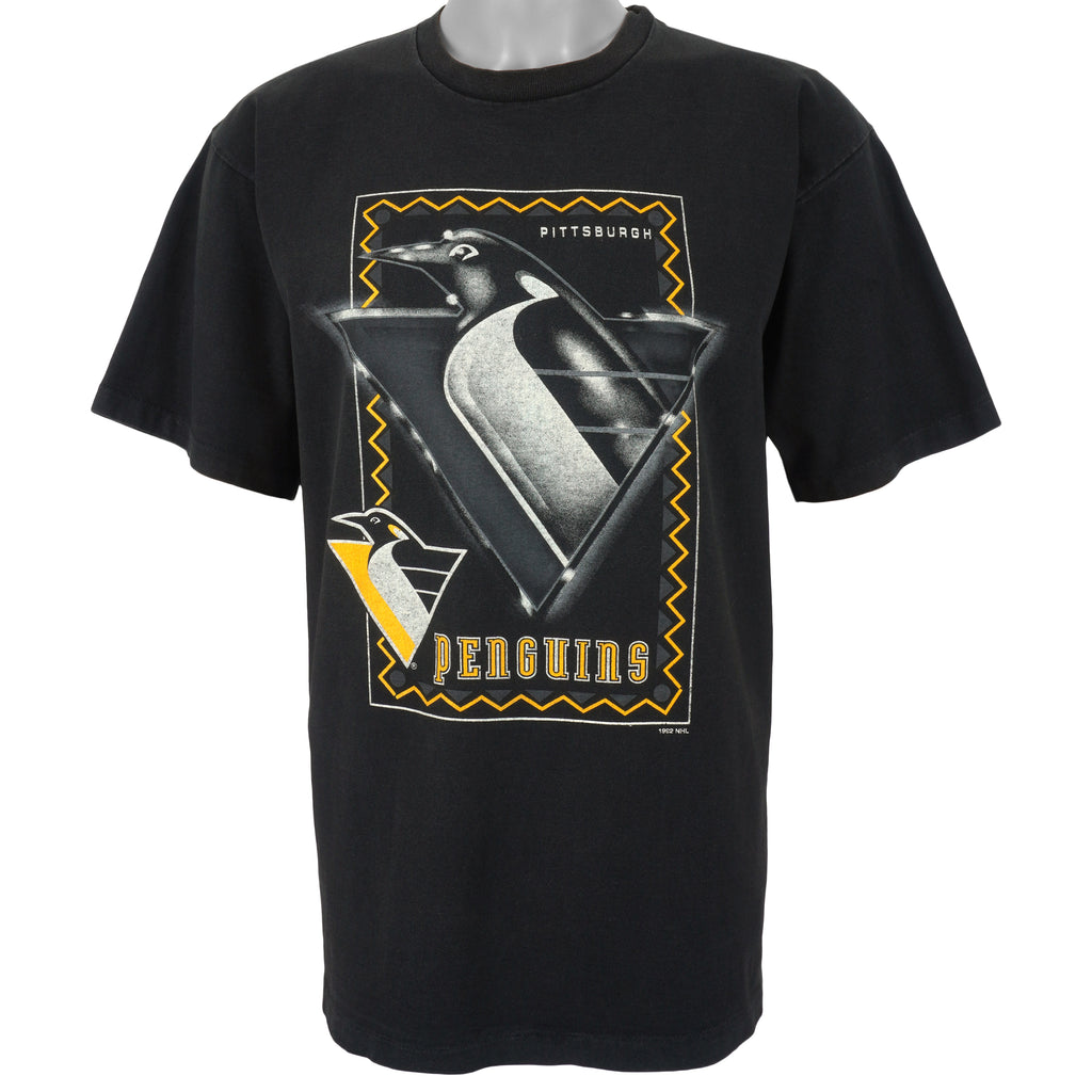NHL (Logo 7) - Pittsburgh Penguins Spell-Out T-Shirt 1992 Large Vintage Retro Hockey