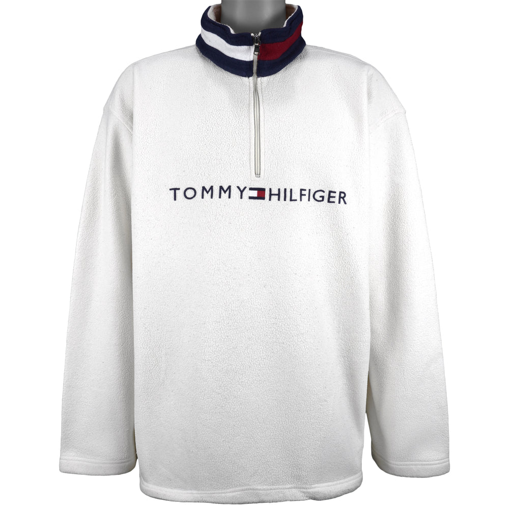 Tommy Hilfiger - White Spell-Out 1/4 Zip Sweatshirt X-Large Vintage Retro