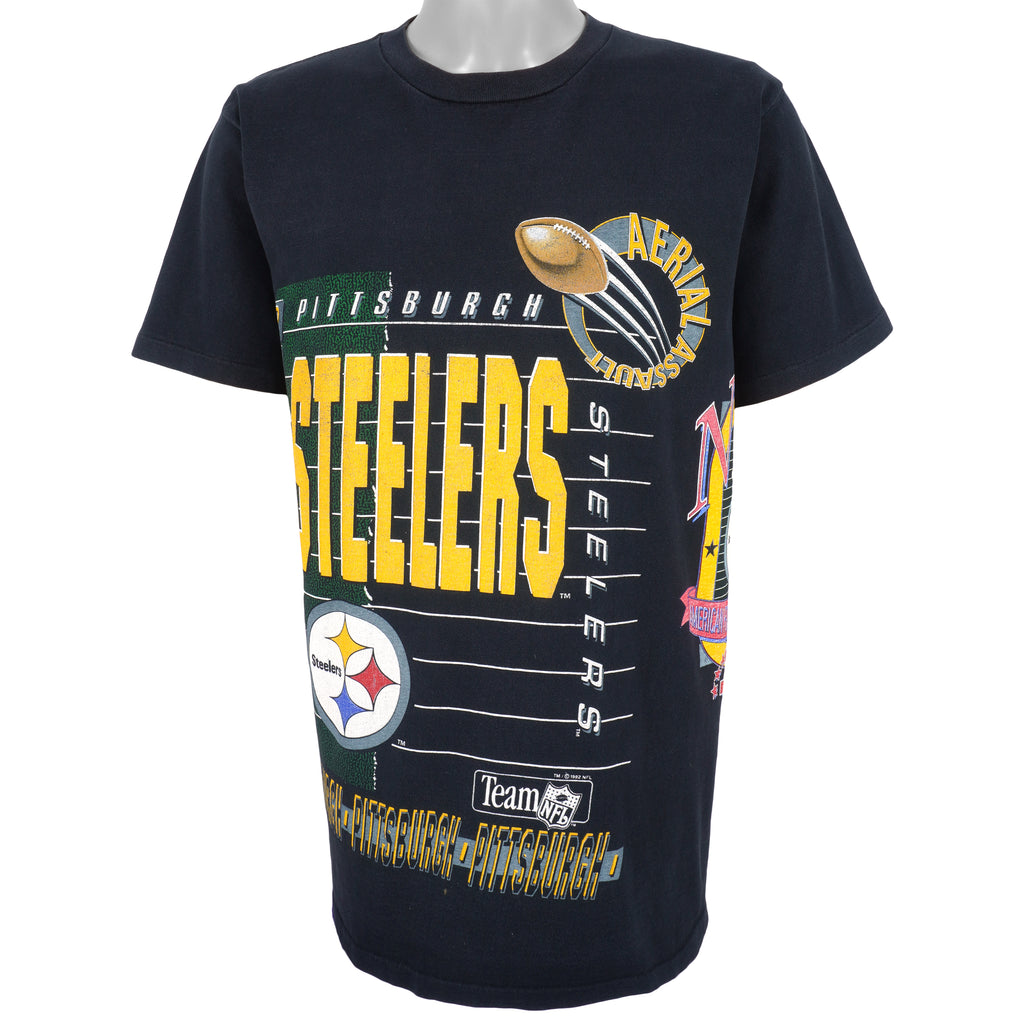 NFL (Salem) - Pittsburgh Steelers, Aerial Assault Spell-Out T-Shirt 1992 Large Vintage Retro Football