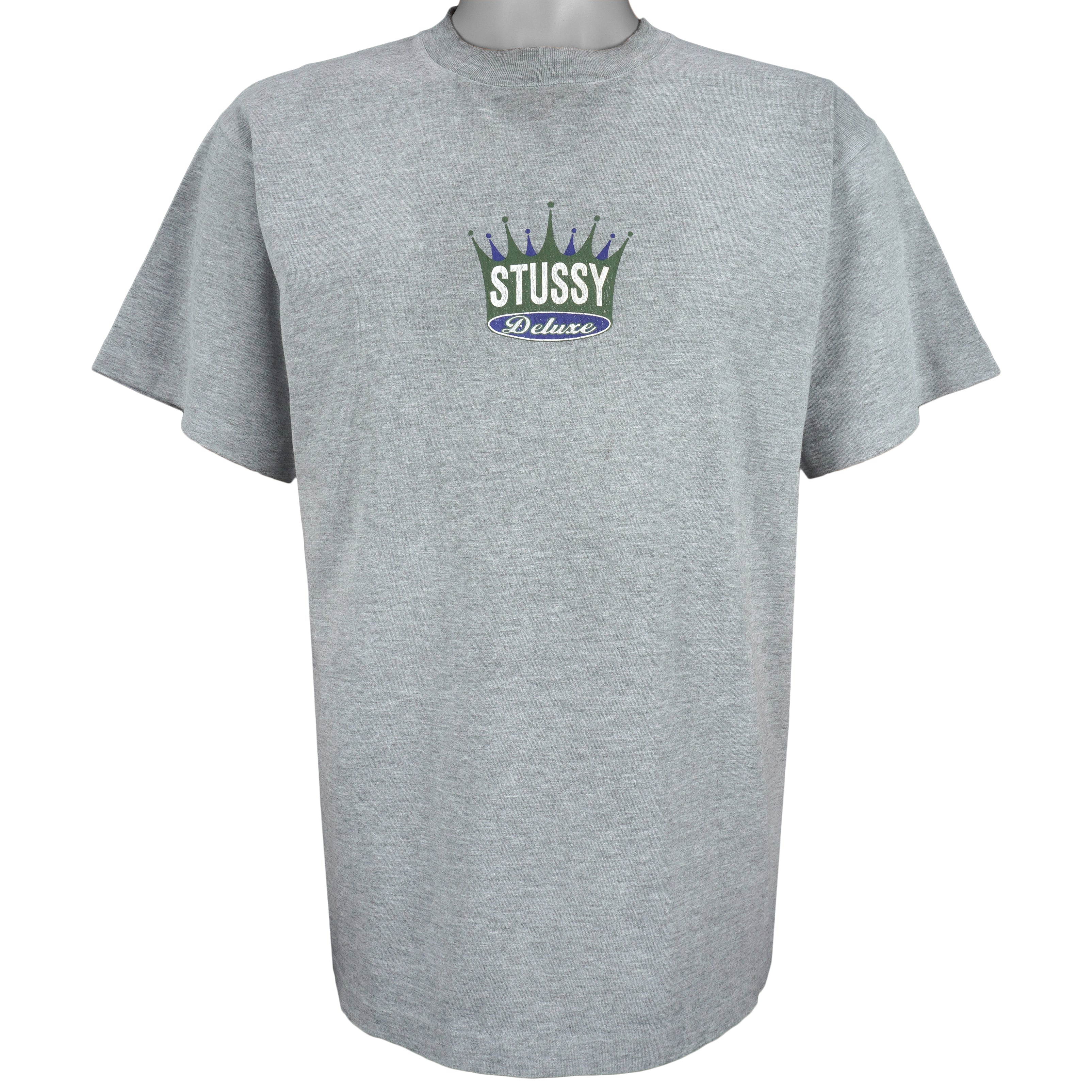 Stussy - Grey Deluxe Spell-Out T-Shirt 1990s Large Vintage Retro
