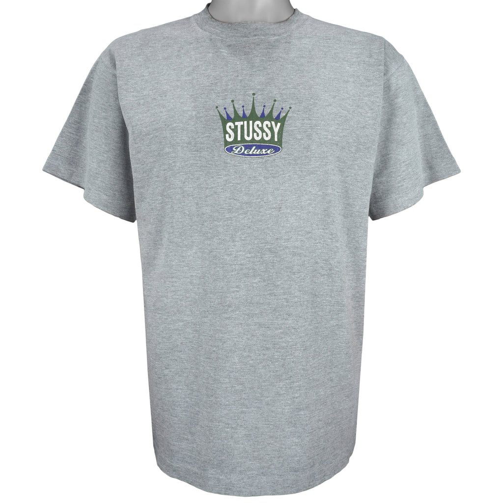 Stussy - Grey Deluxe Spell-Out T-Shirt 1990s Large Vintage Retro