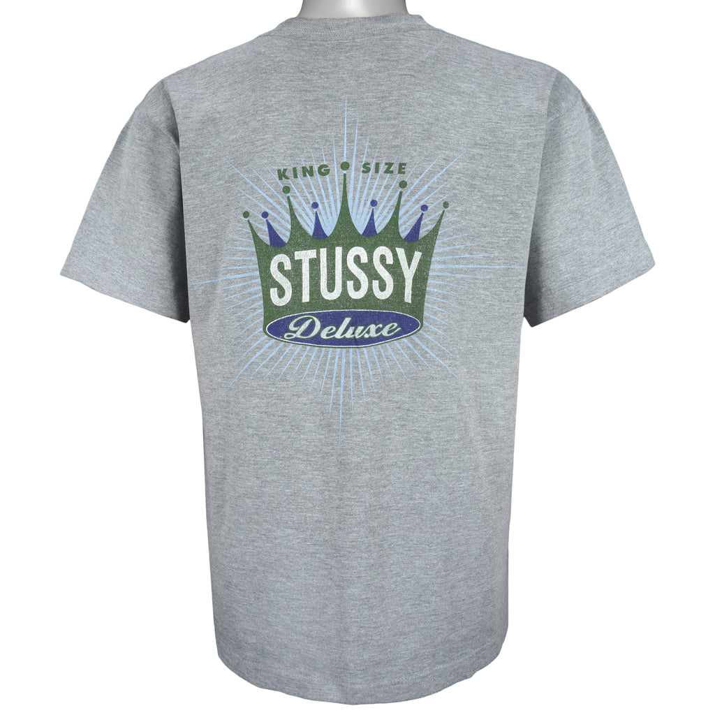 Stussy - Grey Deluxe Spell-Out T-Shirt 1990s Large Vintage Retro