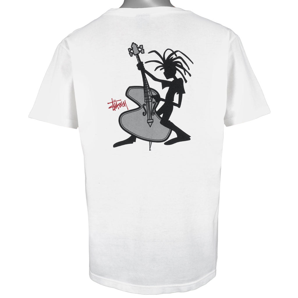 Stussy - White Guitar Made in USA T-Shirt 1990s Large