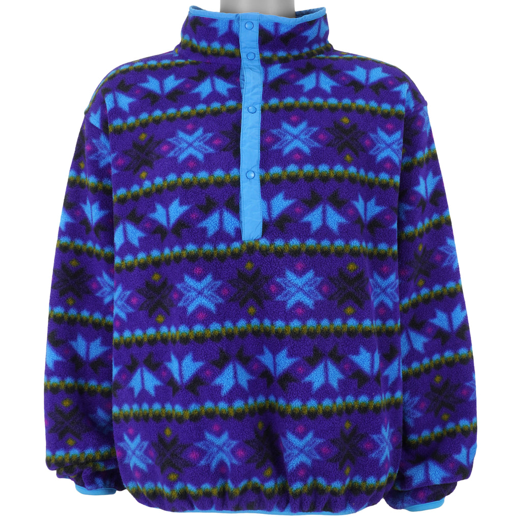 LL Bean - Blue Pattern 1/2 Zip Fleece Sweatshirt 1990s Large Vintage Retro