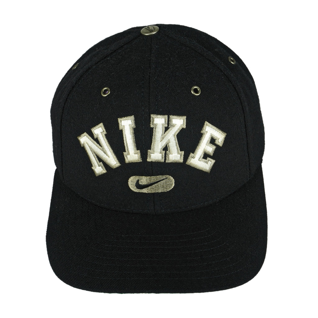 Nike - Black Big Spell-Out & Logo Snap Back Hat 1990s OSFA Vintage Retro