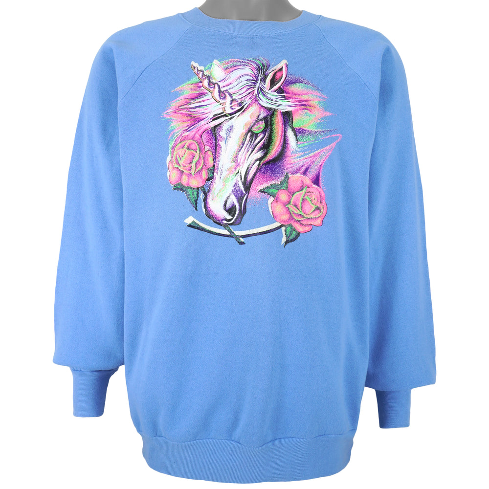 Vintage - Baby Blue Unicorn Crew Neck Sweatshirt 1990s X-Large Vintage Retro
