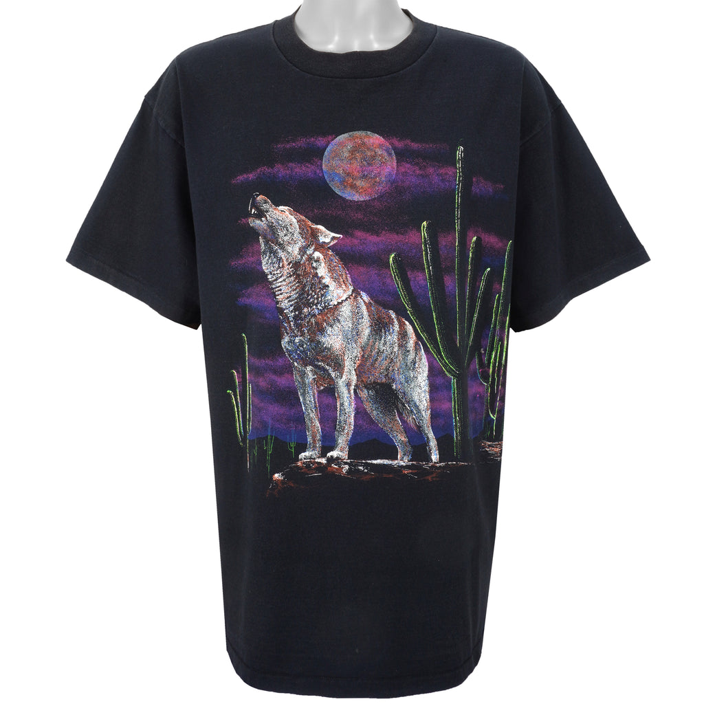 Vintage (Hazelwood) - Black Wolf Big Printed T-Shirt 1990s X-Large Vintage Retro