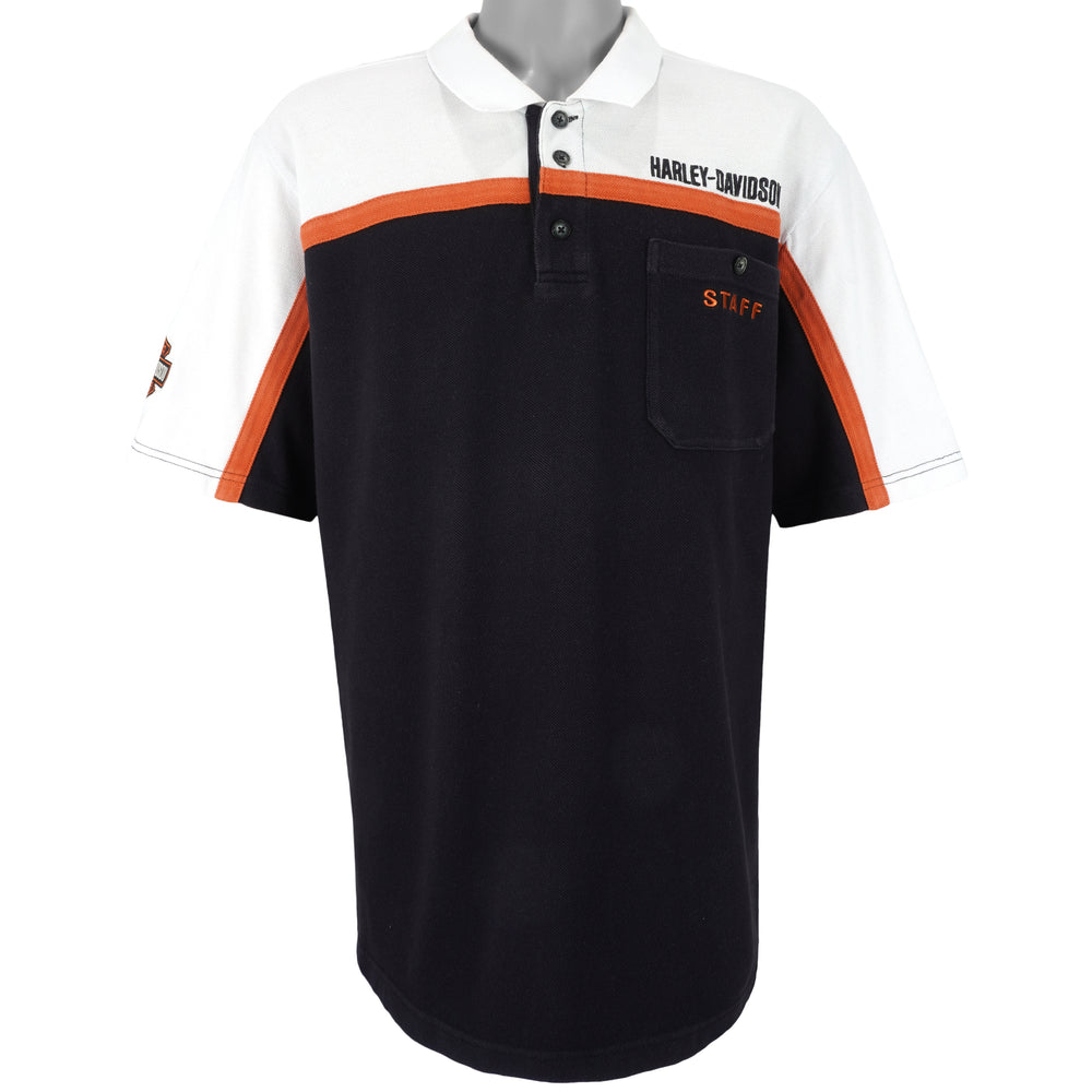 Harley Davidson - Black & White Embroidered Polo T-Shirt 1990s X-Large Vintage Retro 