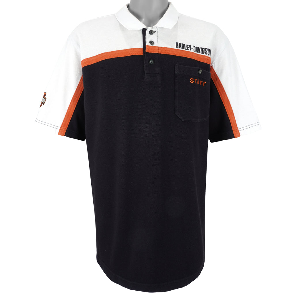Harley Davidson - Black & White Embroidered Polo T-Shirt 1990s X-Large Vintage Retro 