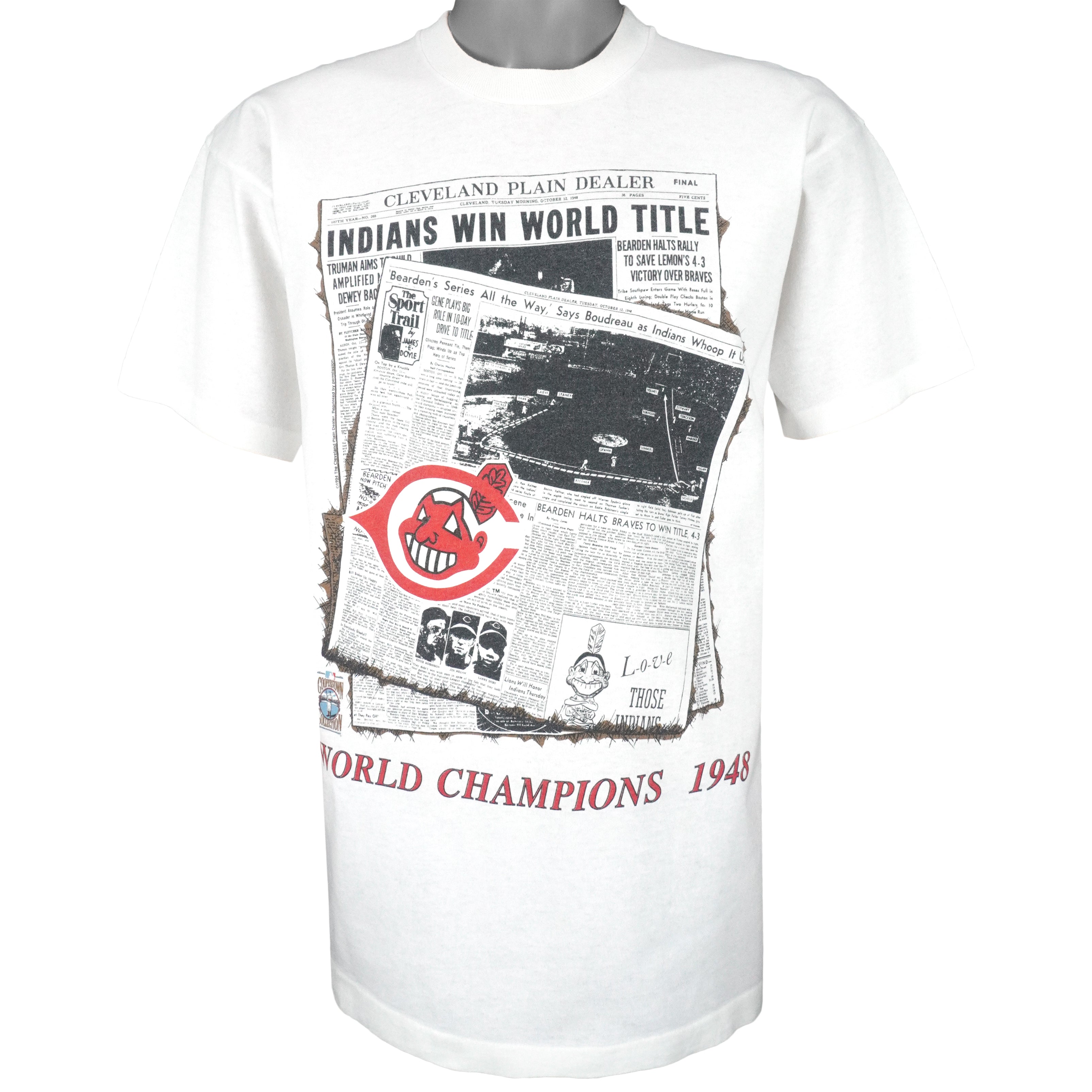 MLB (Front Pages) - Cleveland Indians, World Champions 1948 Deadstock T-Shirt 1990s Large Vintage Retro Baseball
