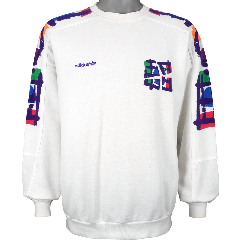 Adidas - White Spell-Out Crew Neck Sweatshirt 1990s Small Vintage Retro