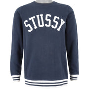 Stussy - Blue Spell-Out Crew Neck Sweatshirt 2000s Small Vintage Retro