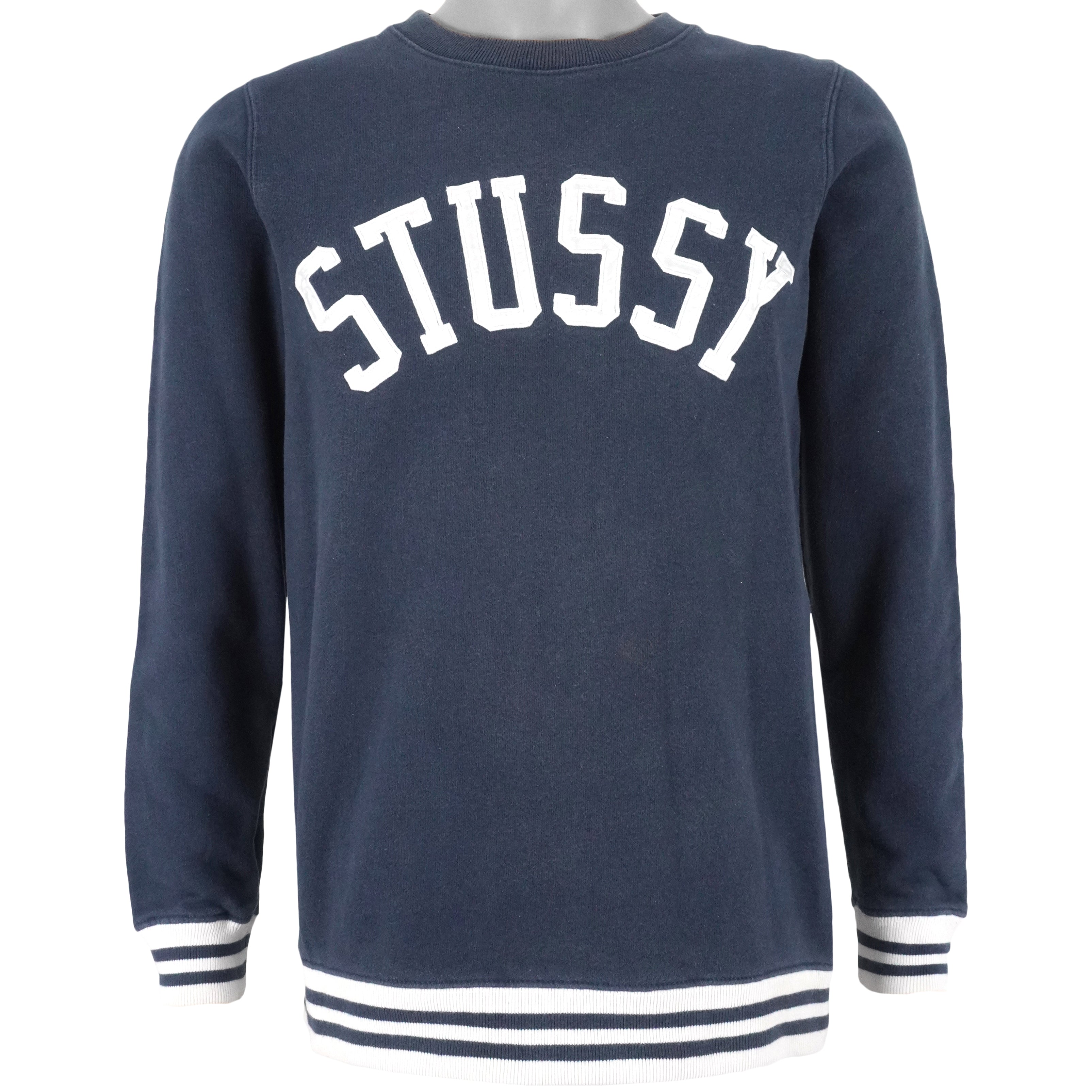 Stussy - Blue Spell-Out Crew Neck Sweatshirt 2000s Small Vintage Retro