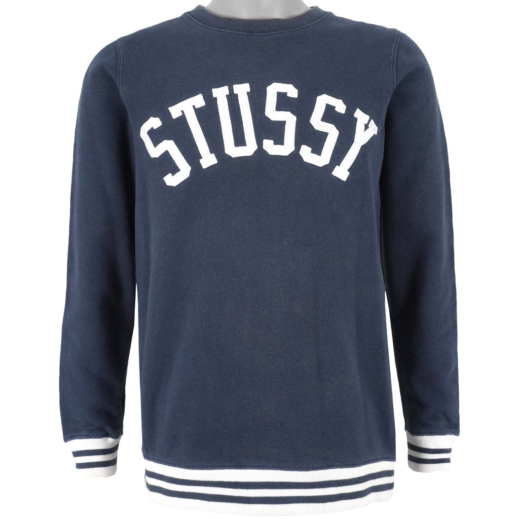 Stussy - Blue Spell-Out Crew Neck Sweatshirt 2000s Small Vintage Retro