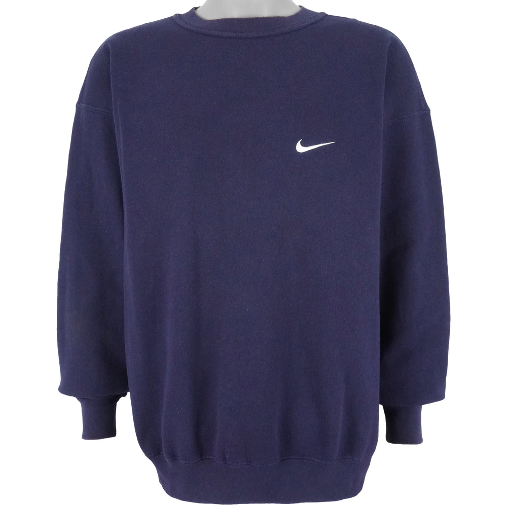 Nike - Blue Classic Embroidered Logo Crew Neck Sweatshirt 1990s Large Vintage Retro
