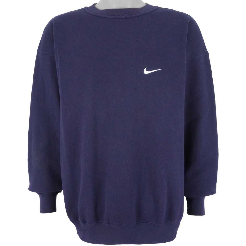 Nike - Blue Classic Embroidered Logo Crew Neck Sweatshirt 1990s Large Vintage Retro