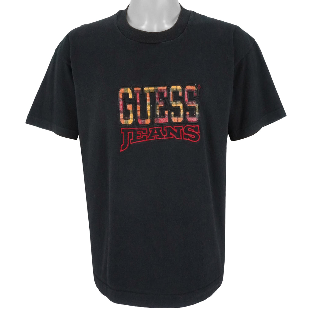 Guess - Black Embroidered Spell-Out T-Shirt 1990s Large Vintage Rero