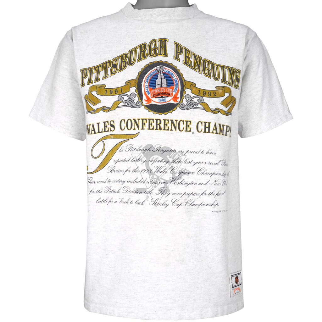 NHL (Nutmeg) - Pittsburgh Penguins, Stanley Cup Spell-Out T-Shirt 1992 Large Vintage Retro Hockey