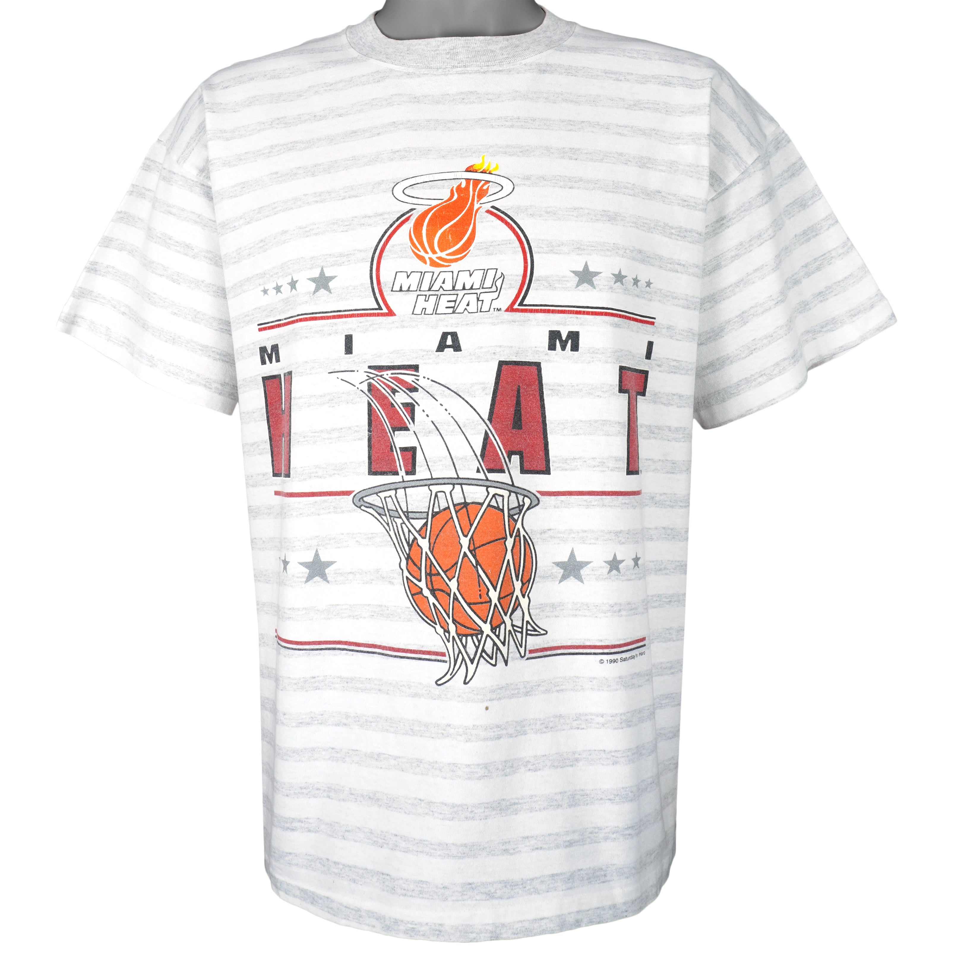 NBA (Saturdays Hero) - Miami Heat Striped T-Shirt 1990 X-Large Retro Vintage