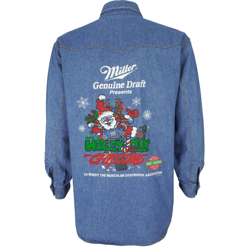 Harley Davidson - Staff, Christmas Harley Jolly Denim Shirt 1994 Medium Vintage Retro