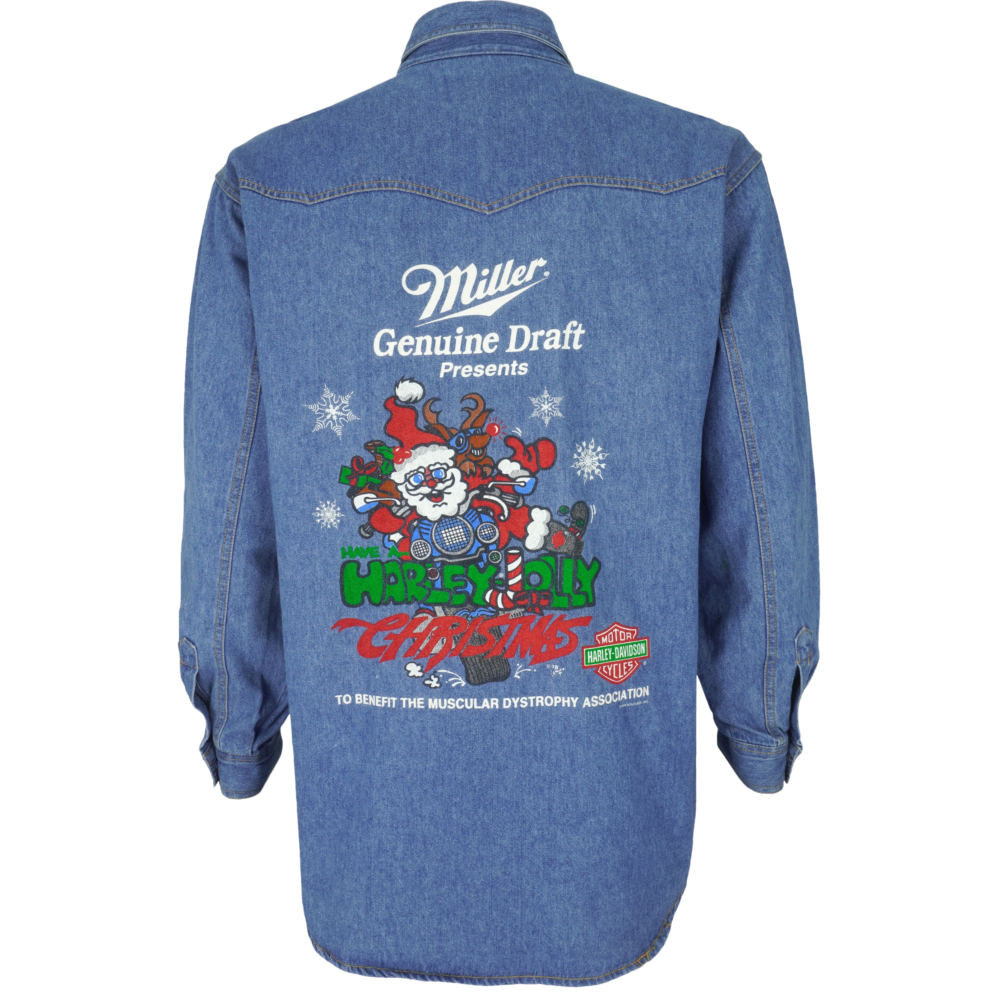 Harley Davidson - Staff, Christmas Harley Jolly Denim Shirt 1994 Medium Vintage Retro