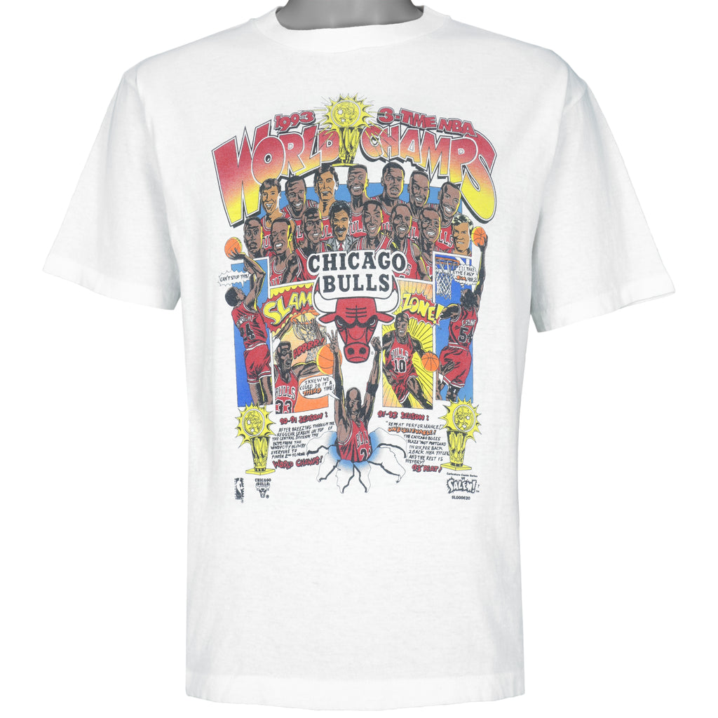NBA (Salem) - White Chicago Bulls, 3 Time Champs T-Shirt 1993 Medium Vintage Retro Basketball