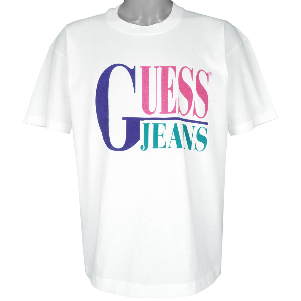 Guess - White Guess Jeans Big Spell-Out T-Shirt 1990s Large Vintage Retro