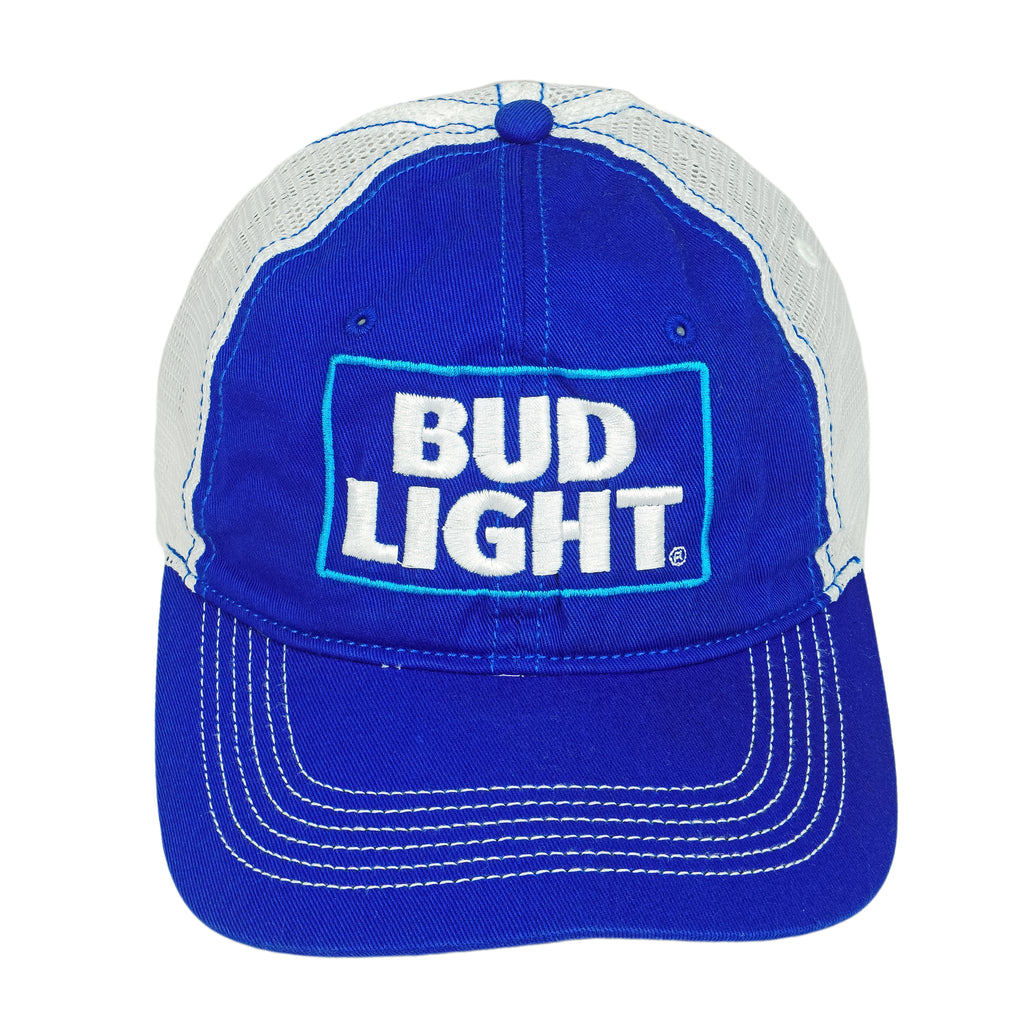 Budweiser (District) - Blue & White Mesh Spell-Out Snapback Hat 1990s OSFA Vintage Retro