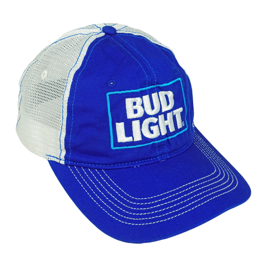 Budweiser (District) - Blue & White Mesh Spell-Out Snapback Hat 1990s OSFA Vintage Retro