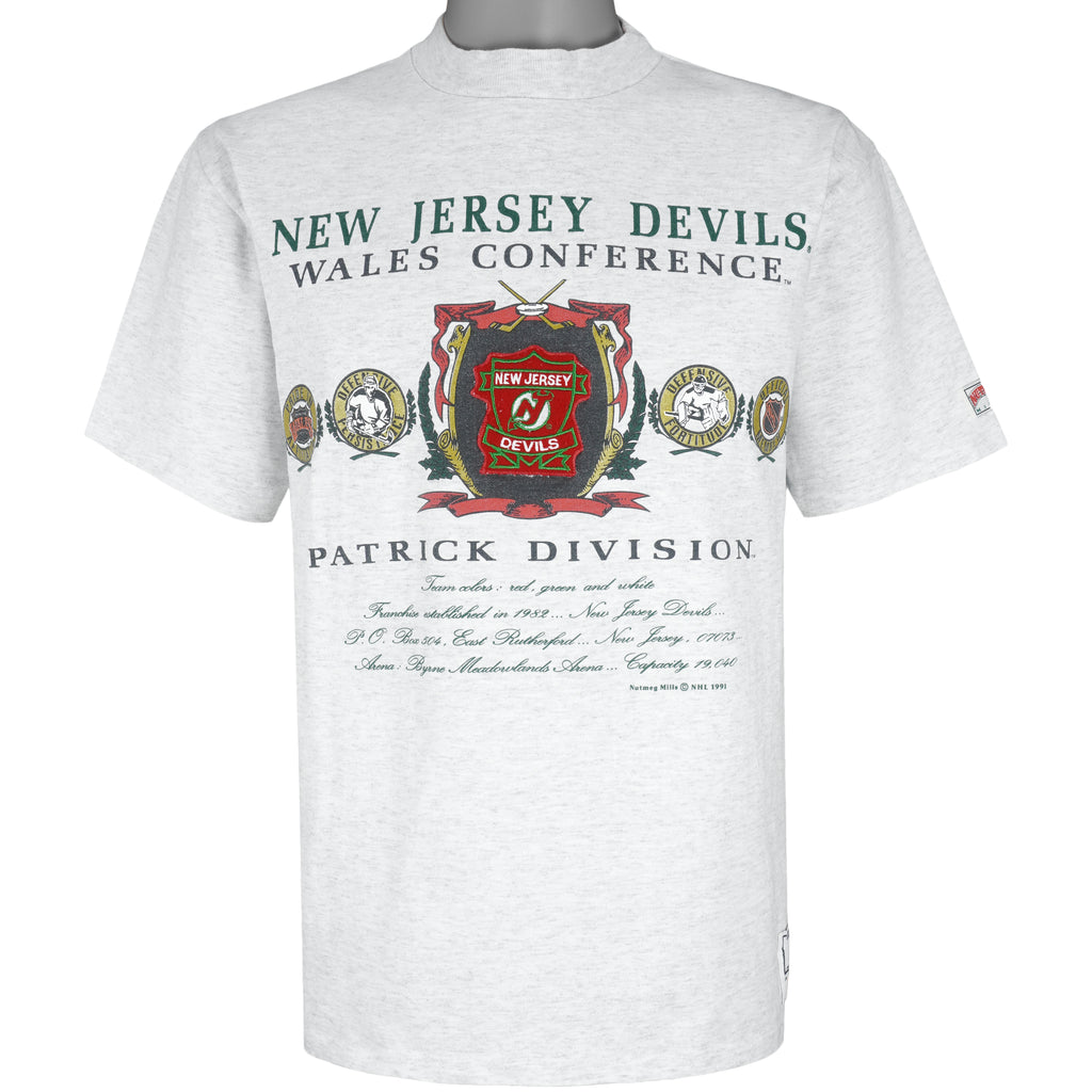 NHL (Nutmeg) - Grey New Jersey Devils T-Shirt 1991 Large Vintage Retro