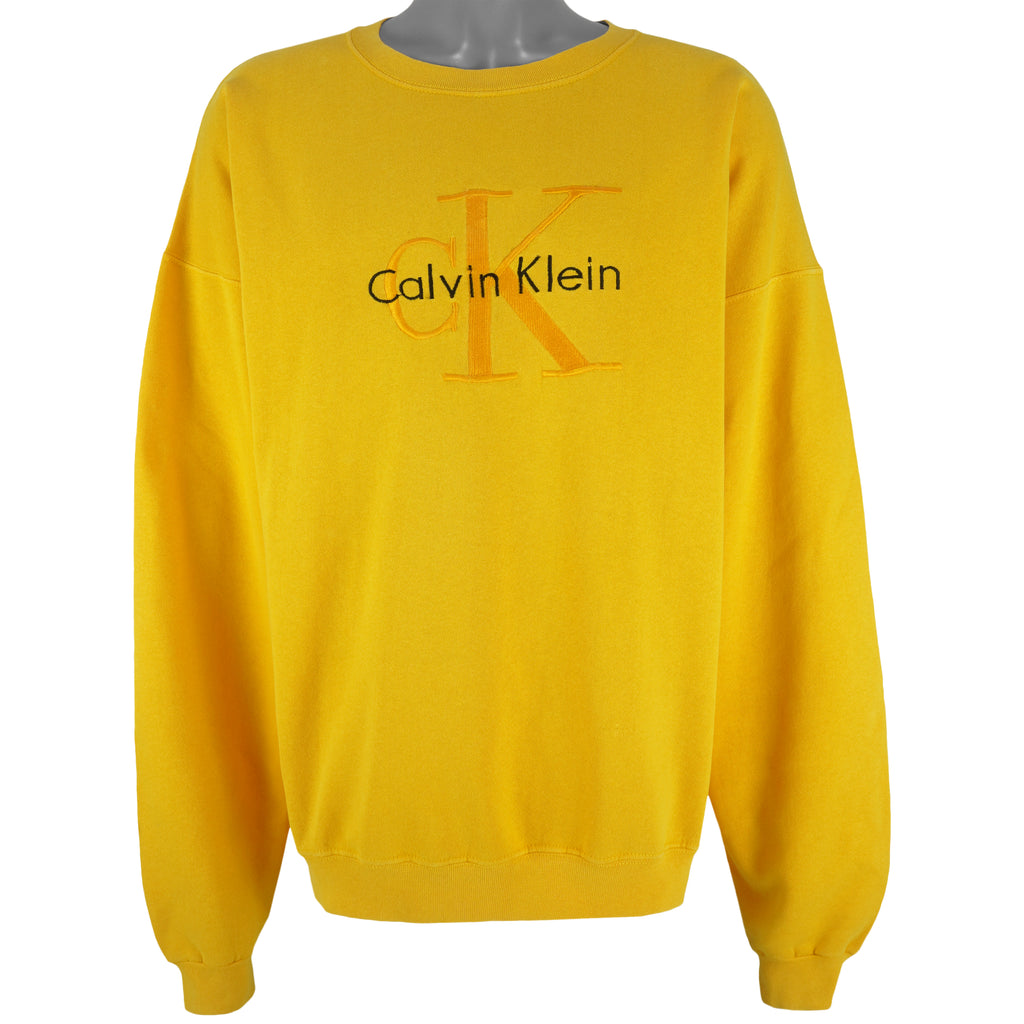 Calvin Klein - Yellow Spell-Out Crew Neck Sweatshirt 1990s X-Large Vintage Retro