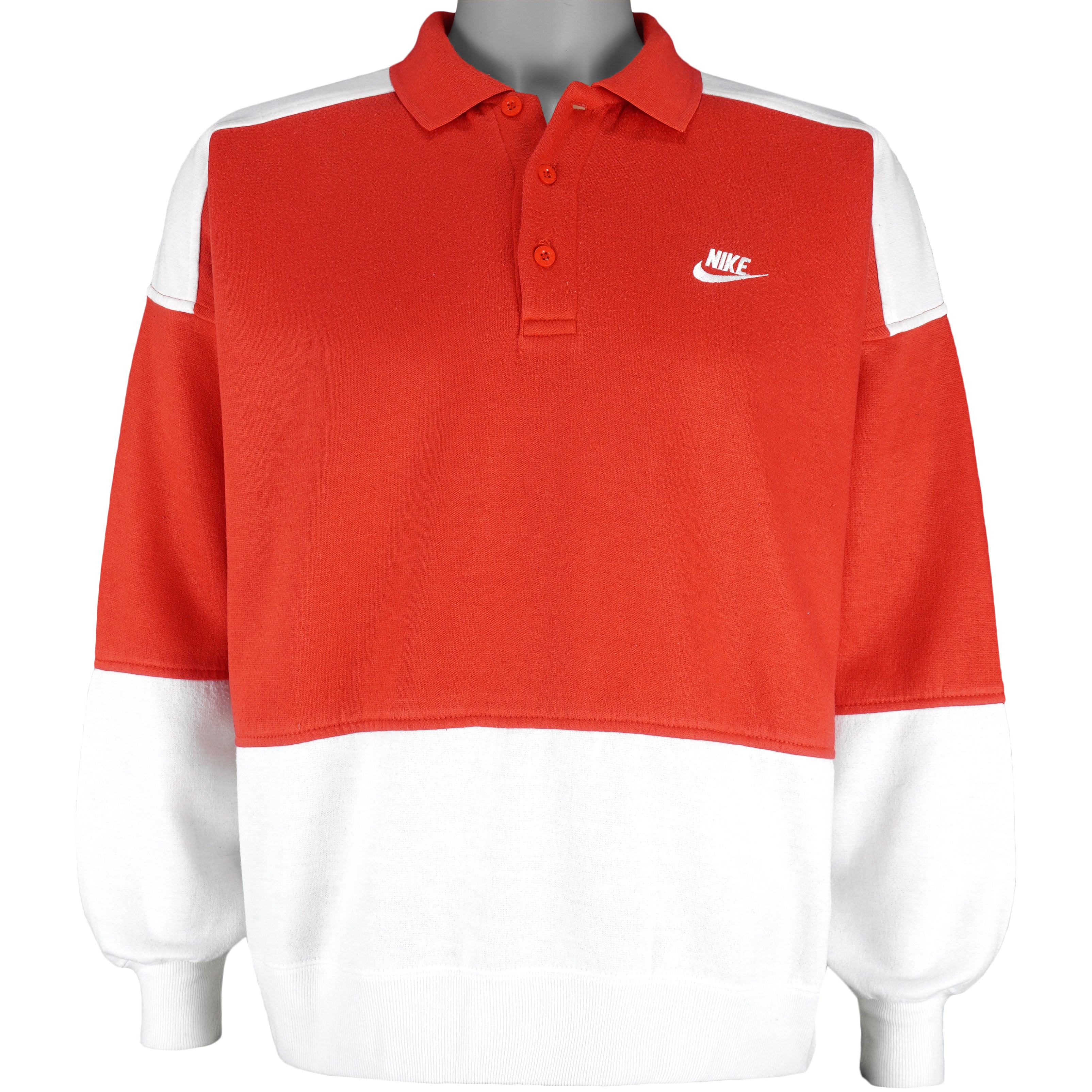 Nike - Red & White 1/4 Button-Up Sweatshirt 1990s Large Vintage Retro