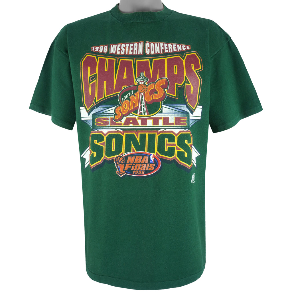 NBA (Oneita) - Seattle Sonics Big Spell-Out T-Shirt 1996 X-Large Vintage Retro Basketball