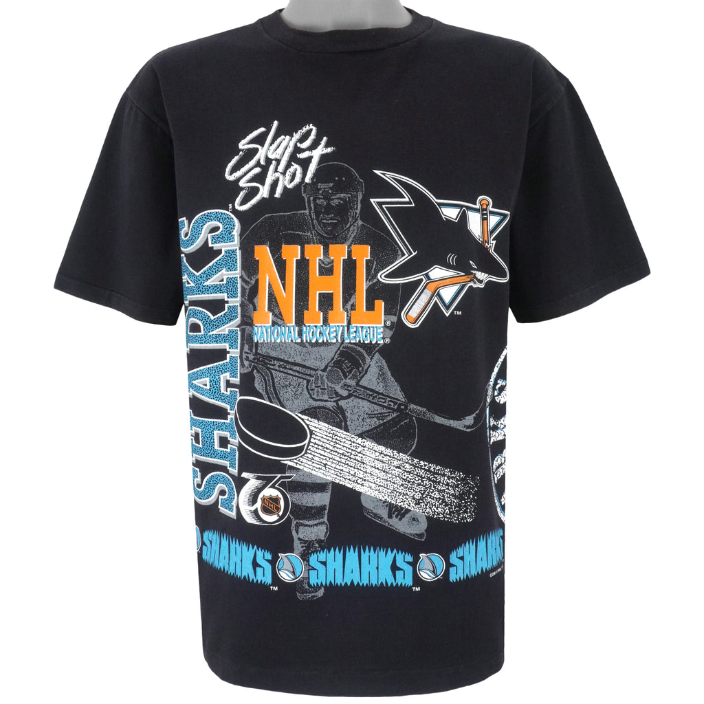 NHL (Waves) - San Jose Sharks, Slap Shot T-Shirt 1991 Large Vintage Retro Hockey