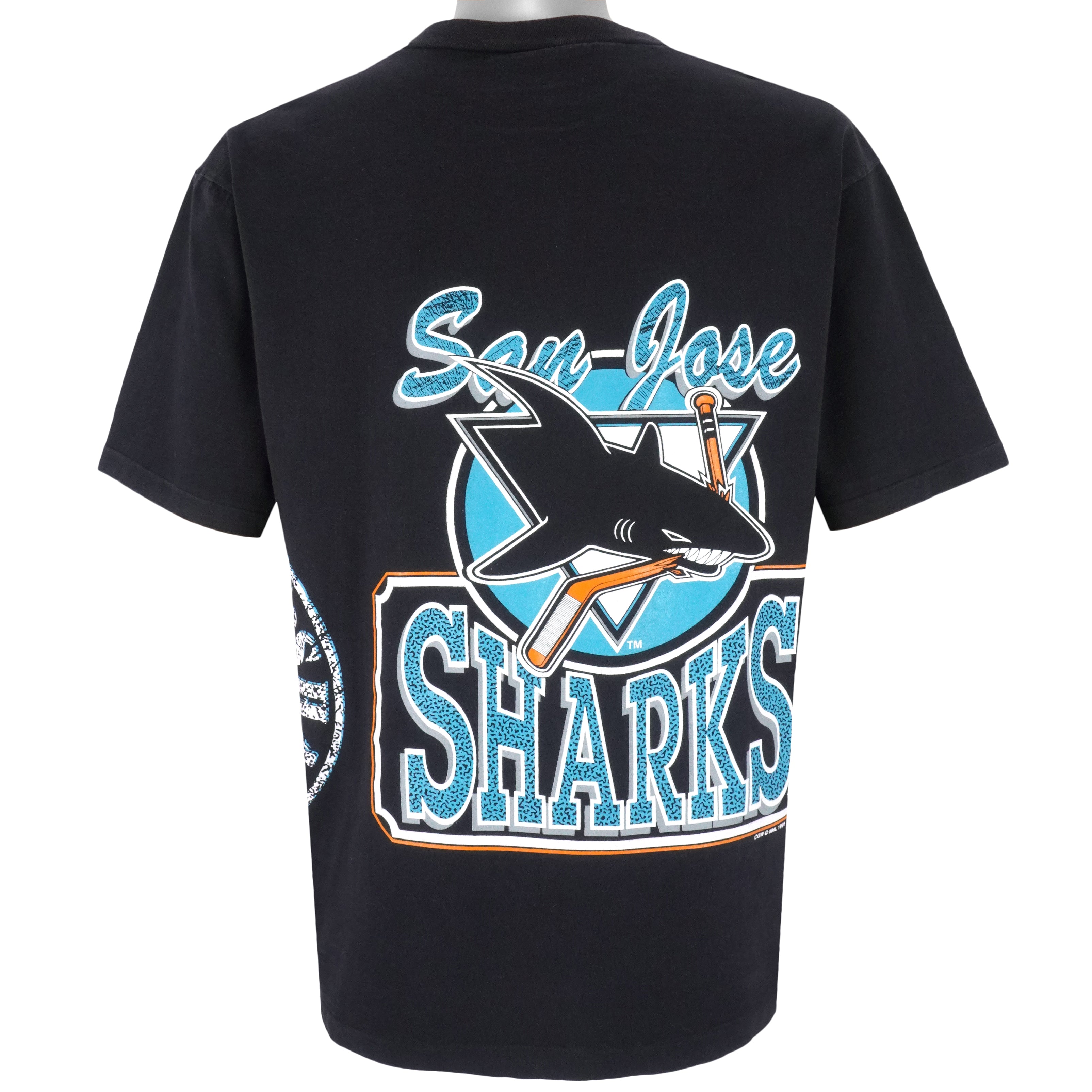 NHL (Waves) - San Jose Sharks, Slap Shot T-Shirt 1991 Large Vintage Retro Hockey
