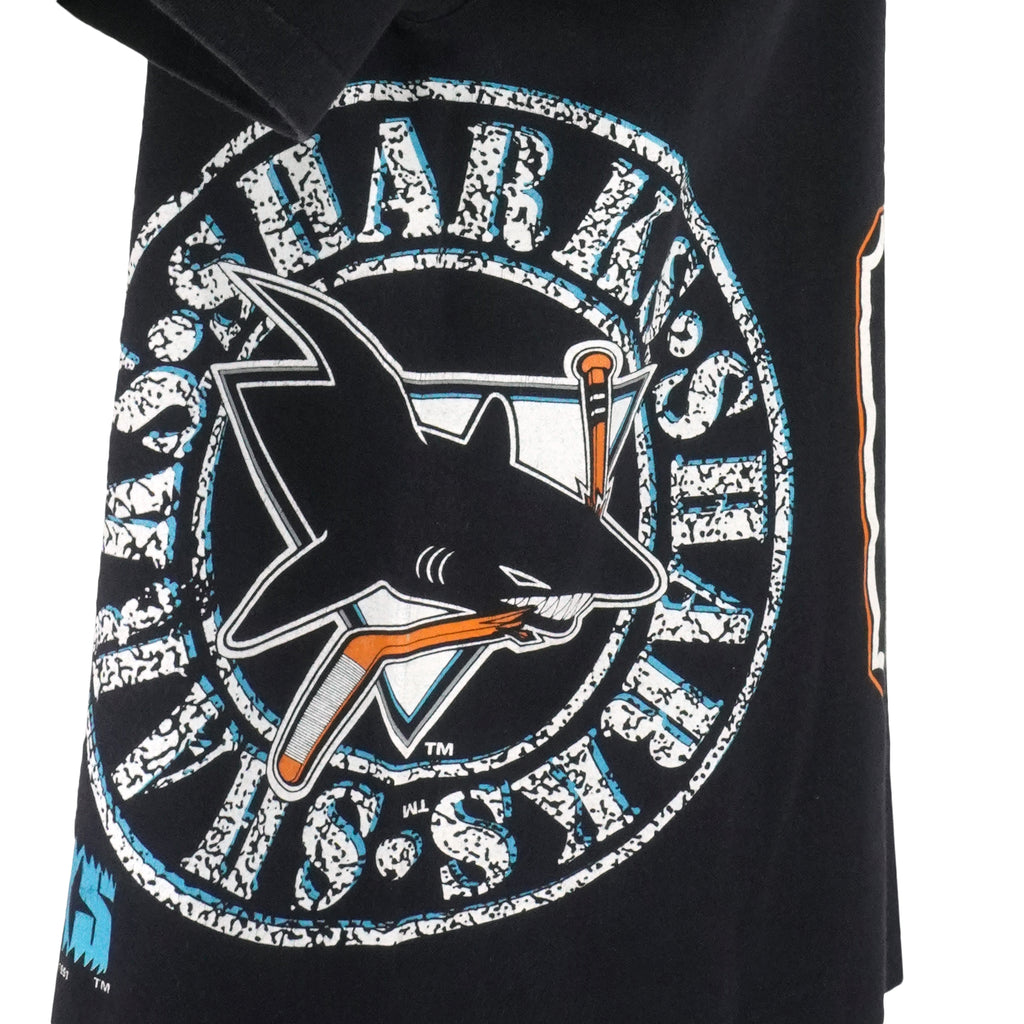 NHL (Waves) - San Jose Sharks, Slap Shot T-Shirt 1991 Large Vintage Retro Hockey