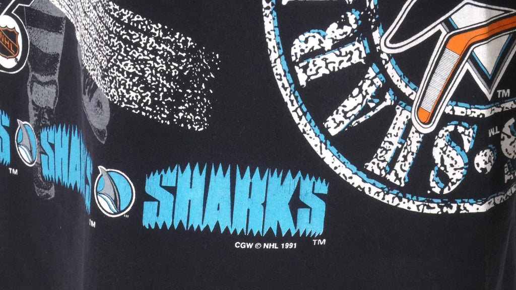 NHL (Waves) - San Jose Sharks, Slap Shot T-Shirt 1991 Large Vintage Retro Hockey