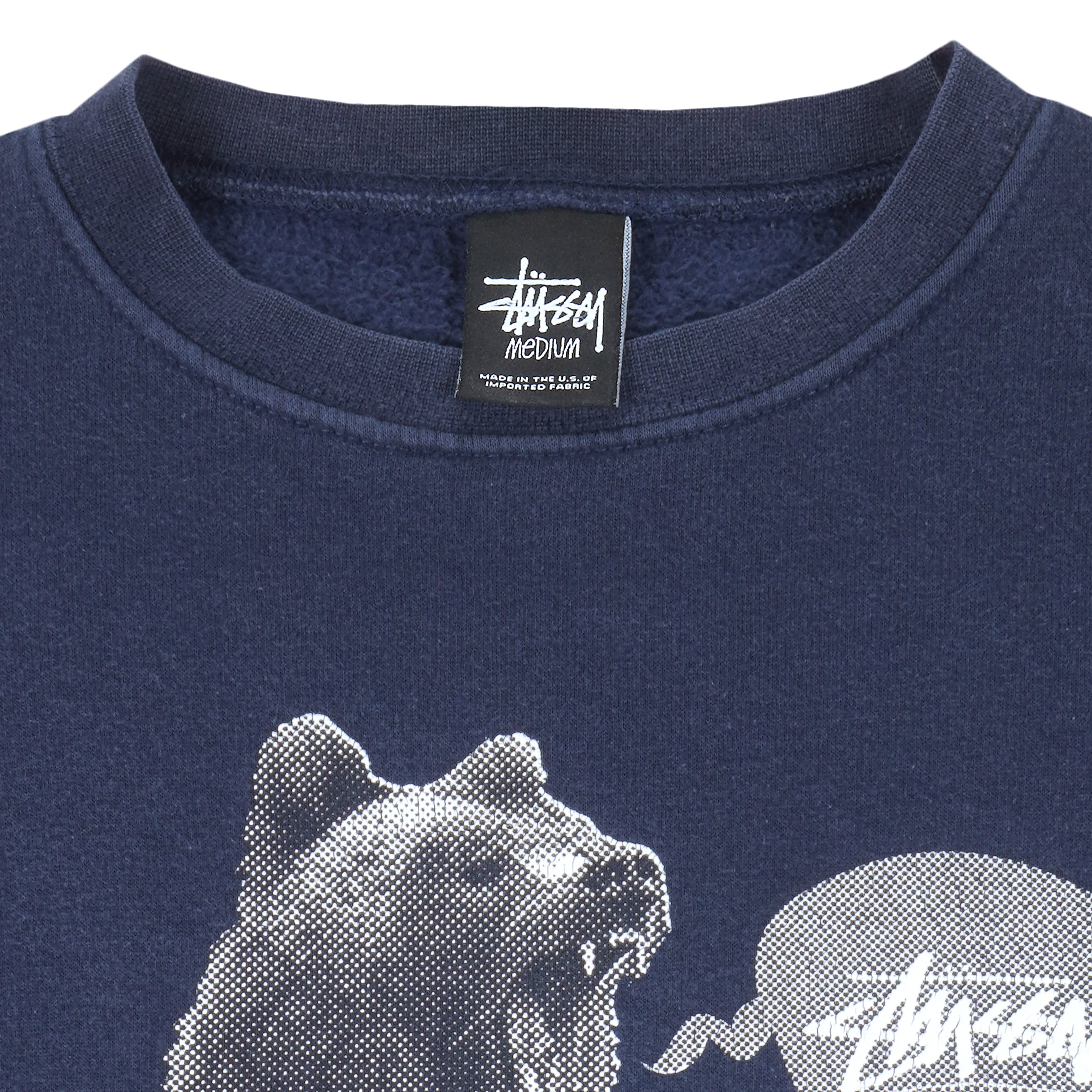 Stussy - Navy Blue Spell-Out Crew Neck Sweatshirt 1990s Medium Vintage Retro