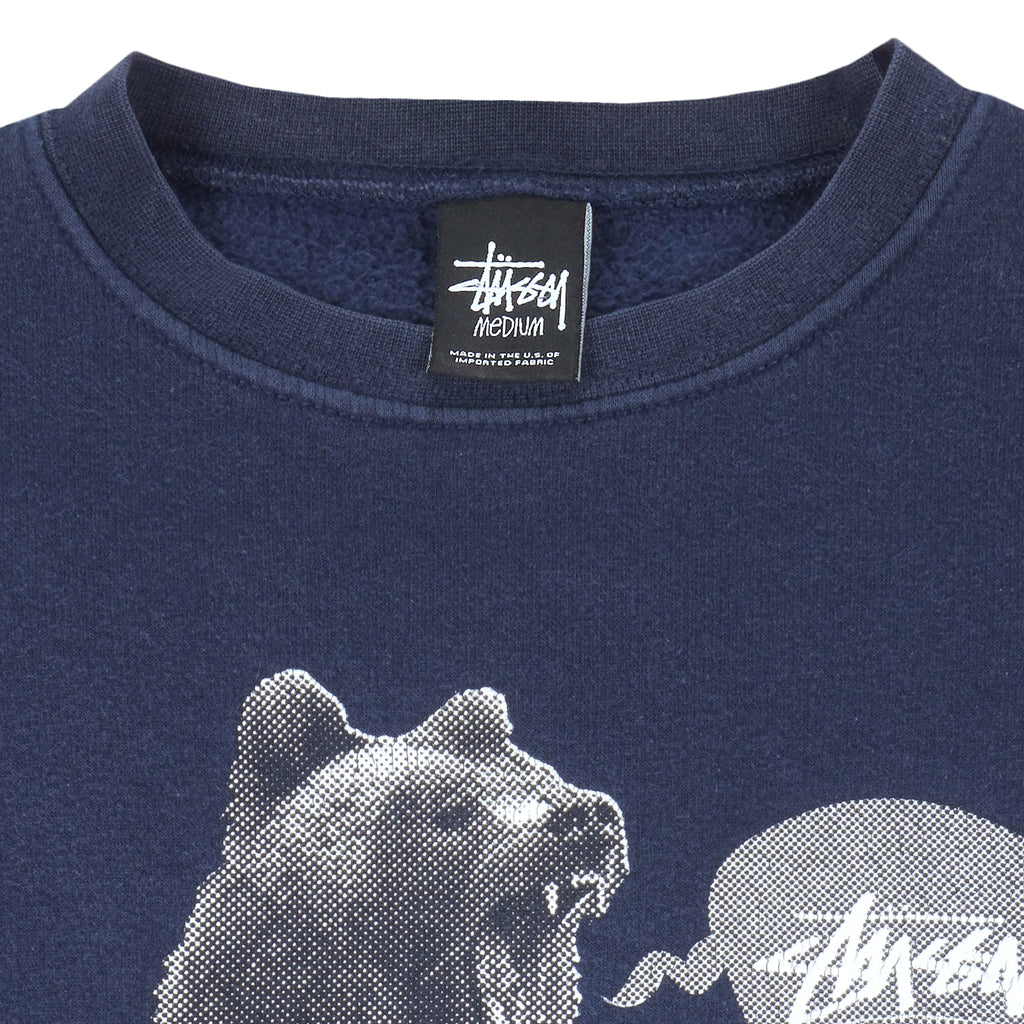 Stussy - Navy Blue Spell-Out Crew Neck Sweatshirt 1990s Medium Vintage Retro