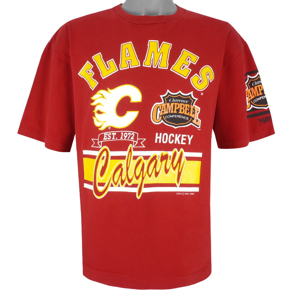 NHL (Waves) - Calgary Flames, Champions  T-Shirt 1990 Large Vintage Retro Hockey