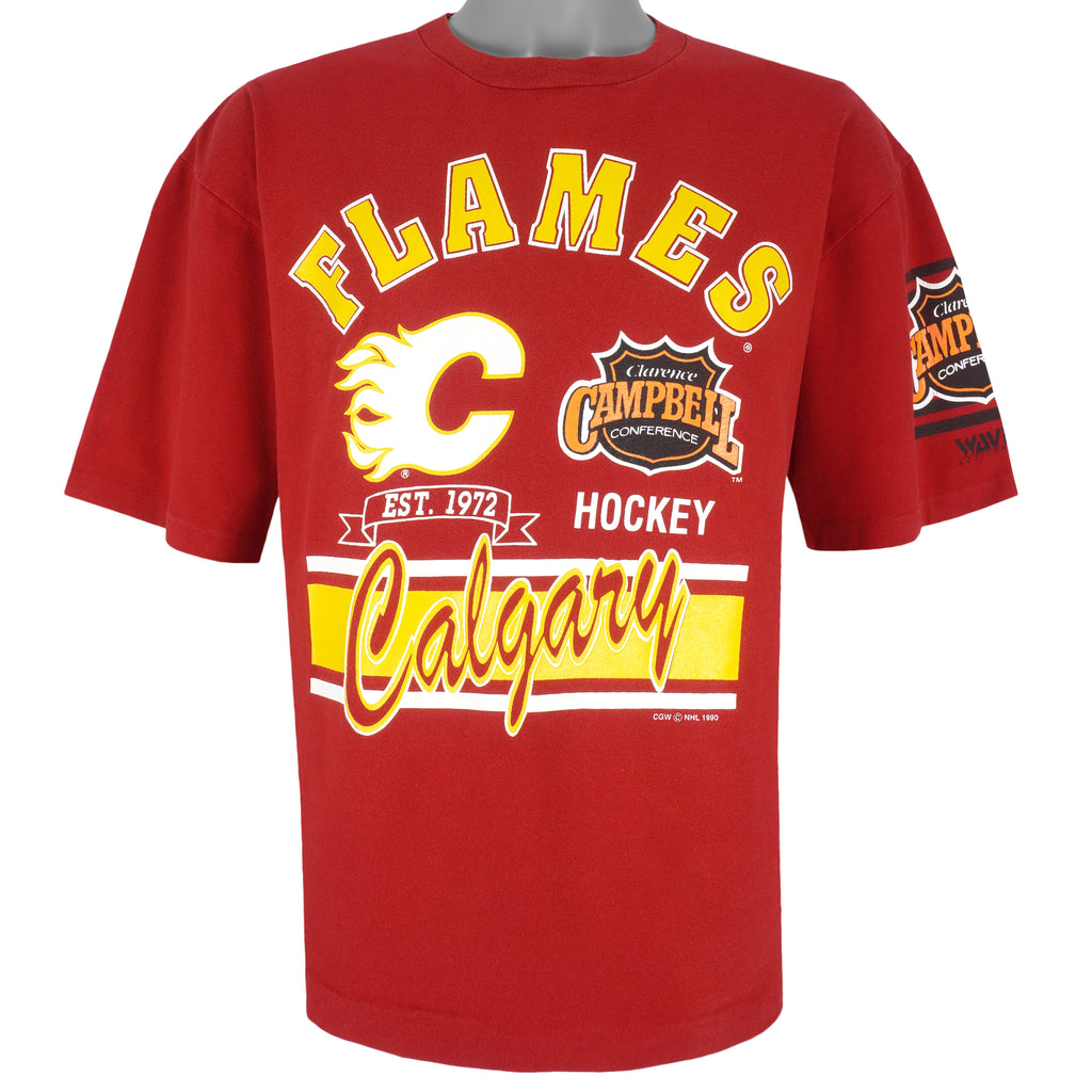 NHL (Waves) - Calgary Flames, Champions  T-Shirt 1990 Large Vintage Retro Hockey