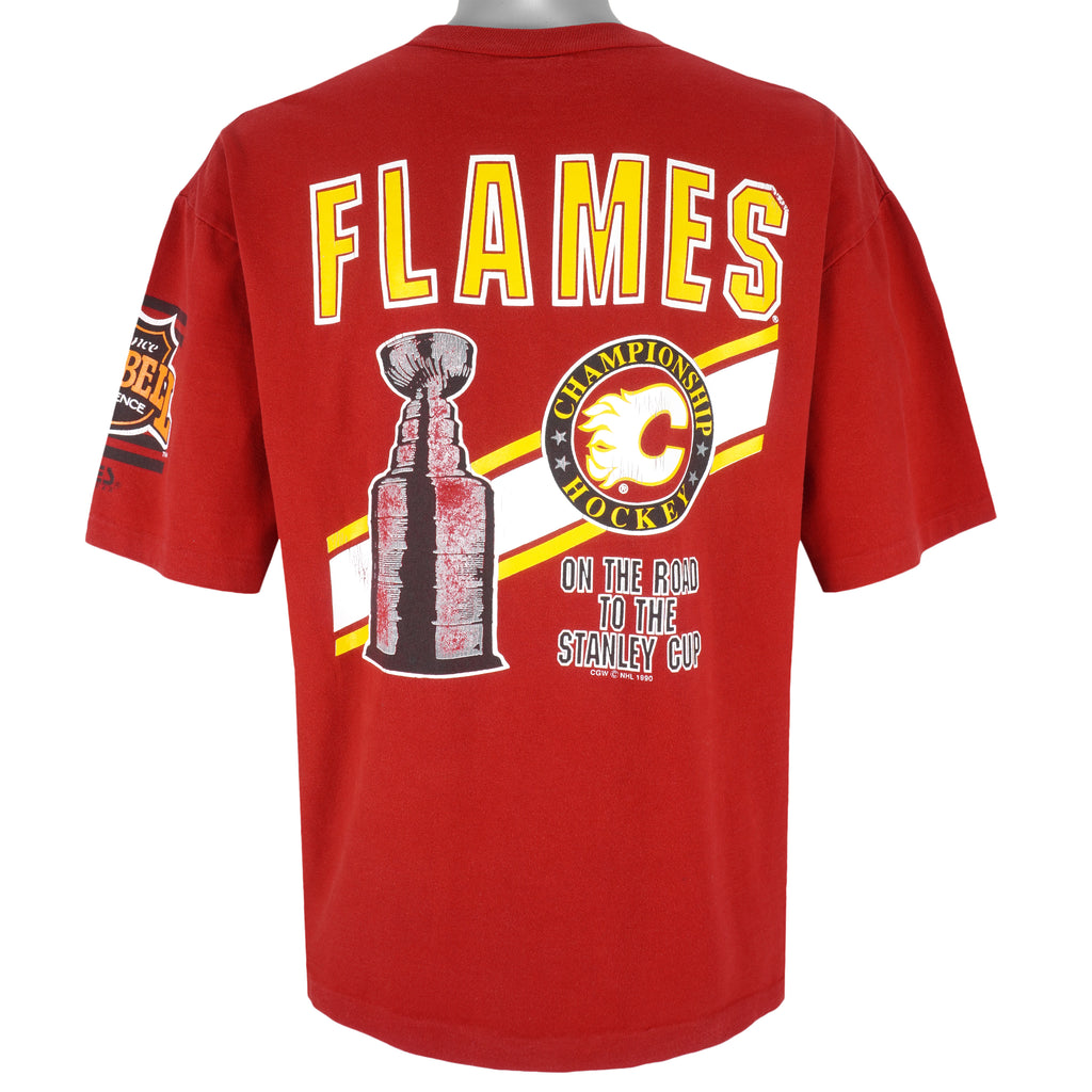 NHL (Waves) - Calgary Flames, Champions  T-Shirt 1990 Large Vintage Retro Hockey