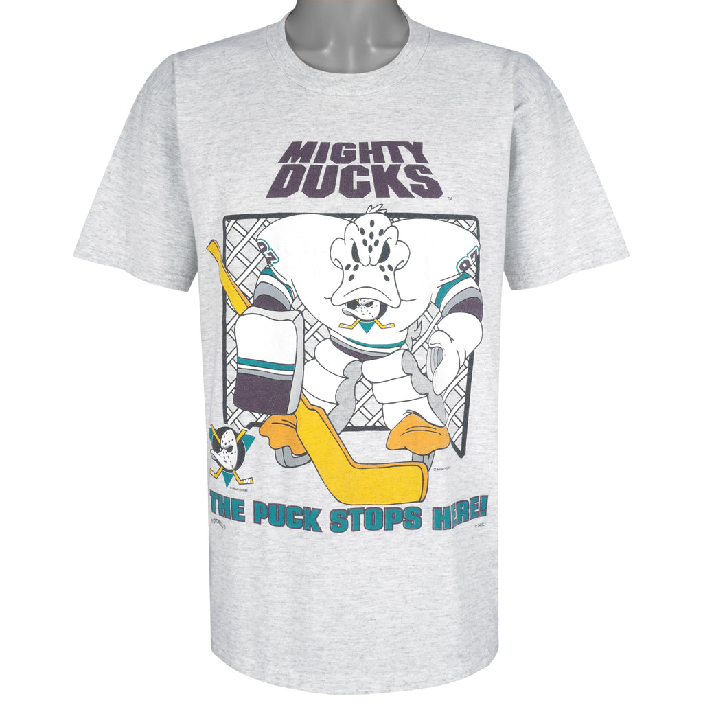 NHL (Nutmeg) - Mighty Ducks, The Puck Stop Here T-Shirt 1990s Large Vintage Retro Hockey