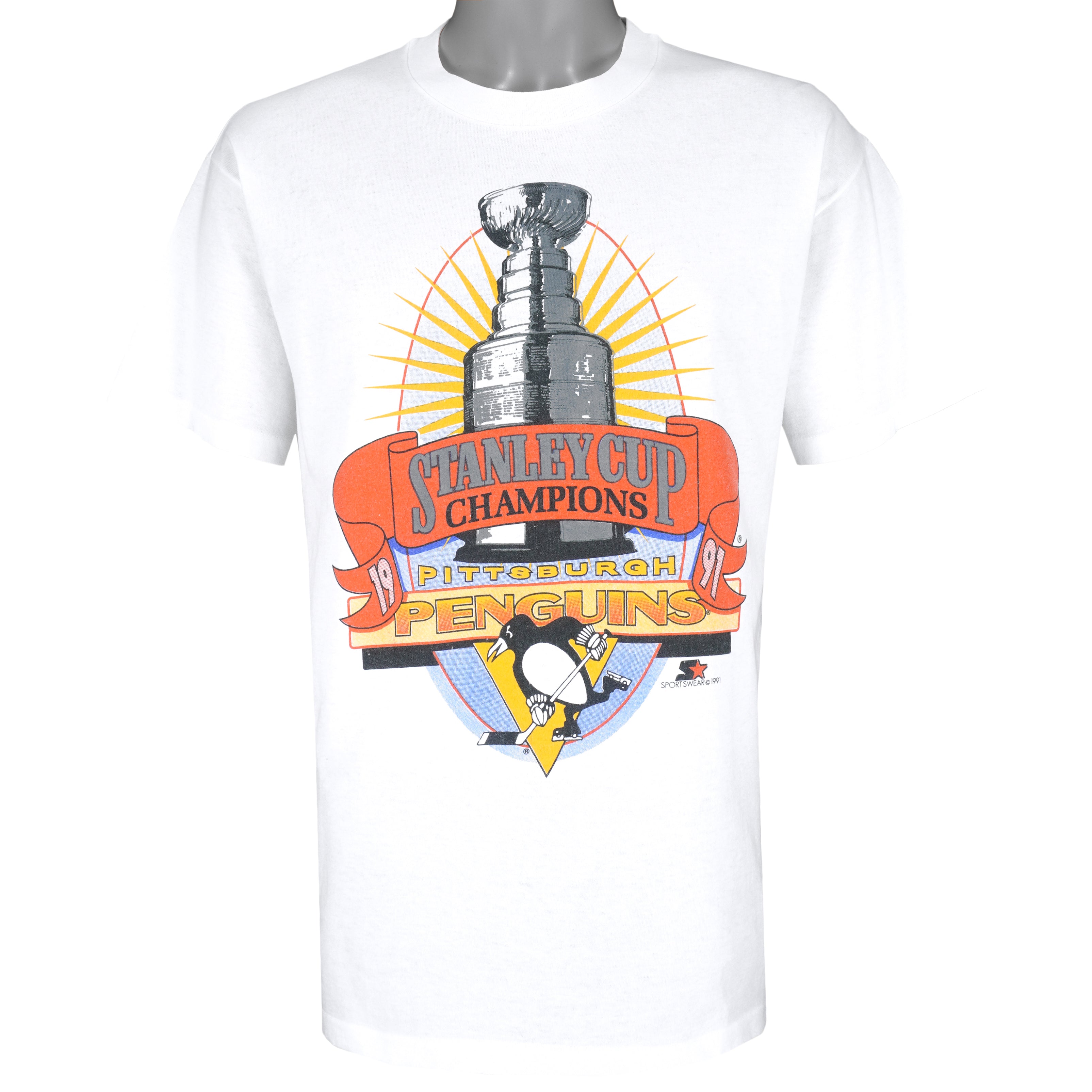 NHL (Hanes) - Pittsburgh Penguins Champs Single Stitch T-Shirt 1991 Large Vintage Retro Hockey