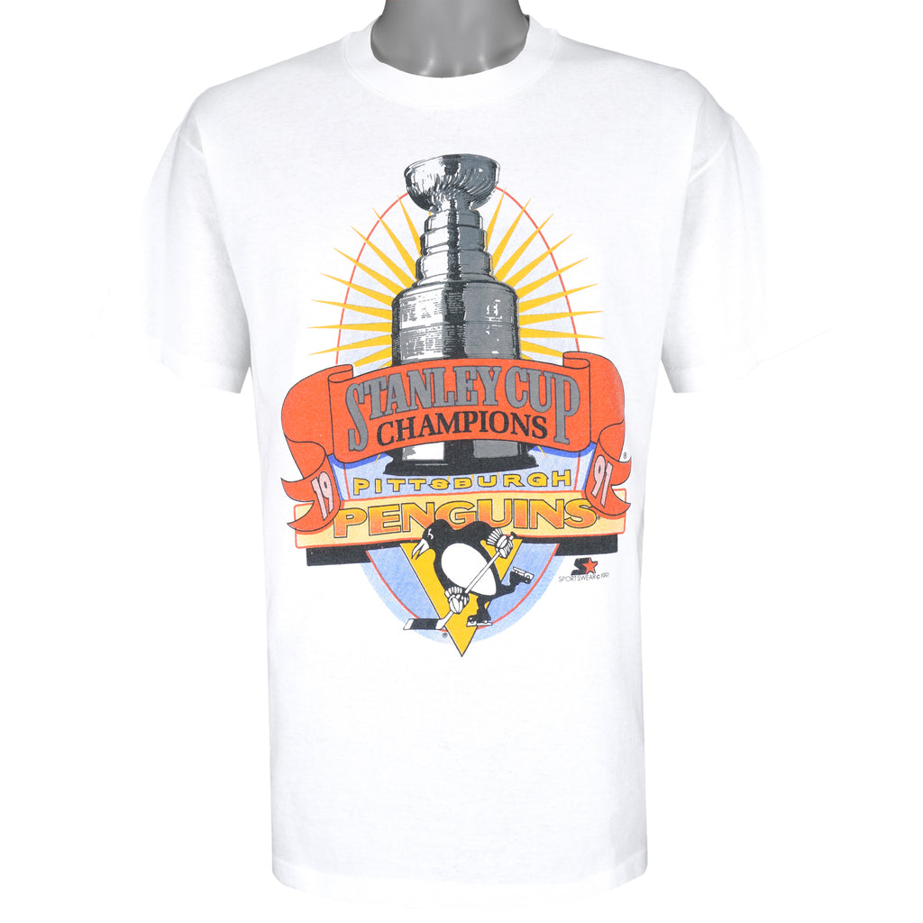 NHL (Hanes) - Pittsburgh Penguins Champs Single Stitch T-Shirt 1991 Large Vintage Retro Hockey